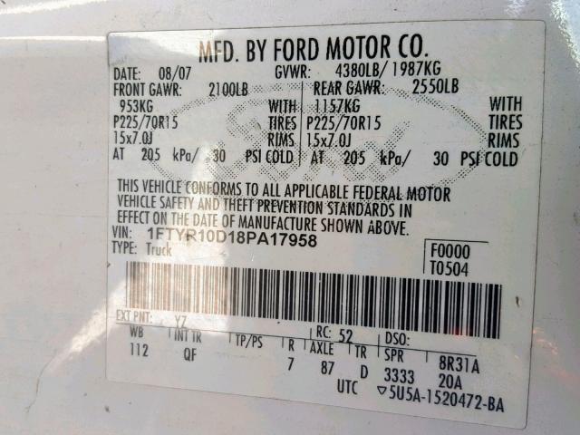 1FTYR10D18PA17958 - 2008 FORD RANGER WHITE photo 10