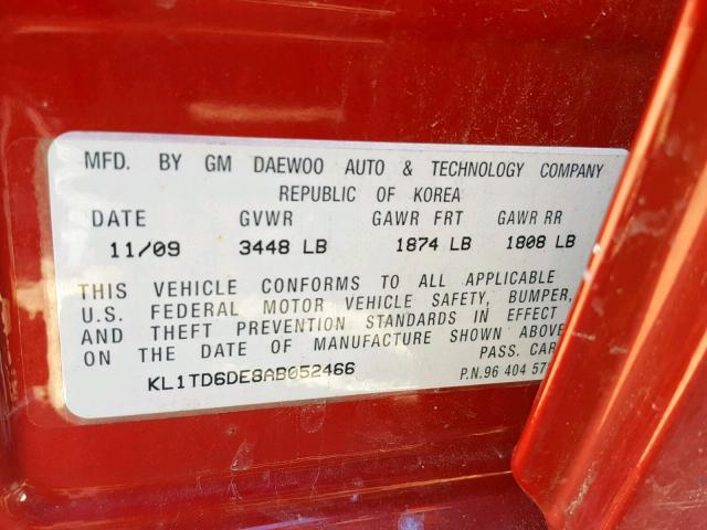 KL1TD6DE8AB052466 - 2010 CHEVROLET AVEO LS RED photo 10