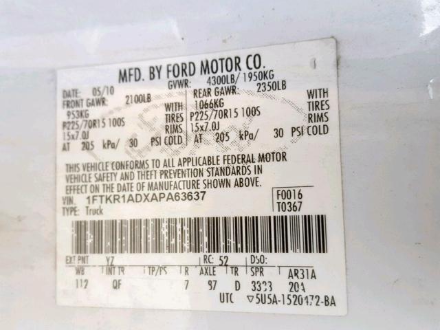 1FTKR1ADXAPA63637 - 2010 FORD RANGER WHITE photo 10