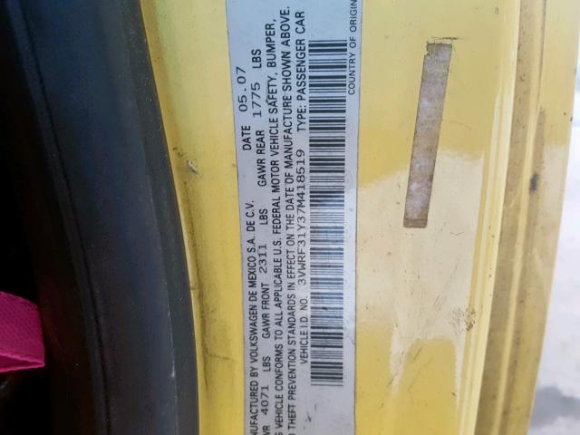 3VWRF31Y37M418519 - 2007 VOLKSWAGEN NEW BEETLE Gelb Foto 10