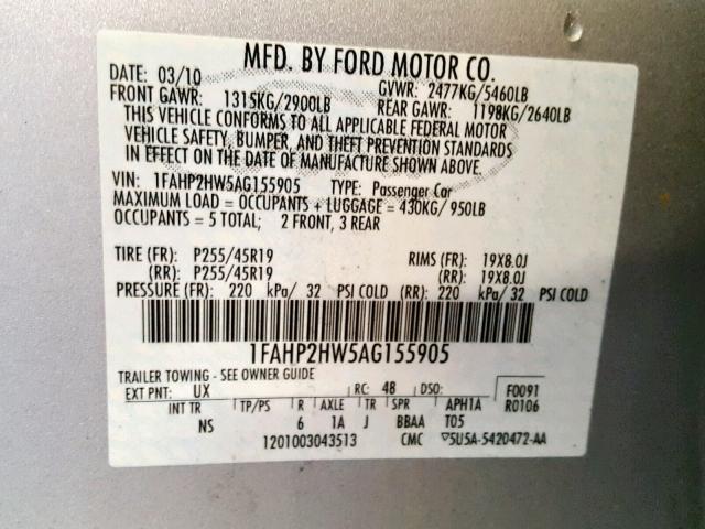 1FAHP2HW5AG155905 - 2010 FORD TAURUS SEL SILVER photo 10