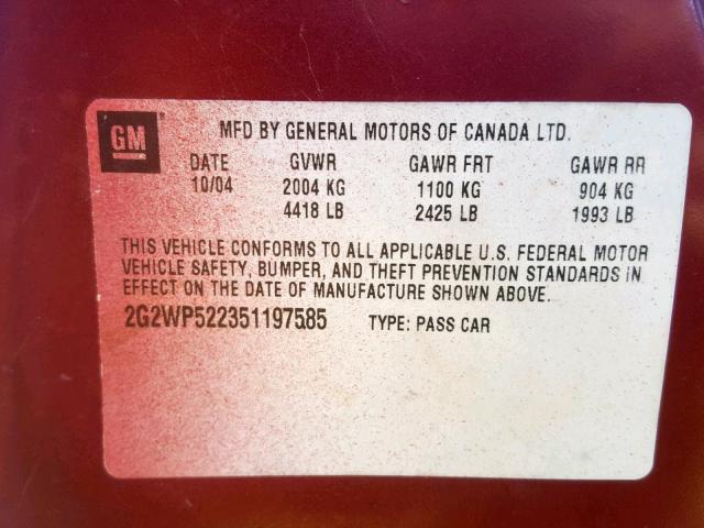 2G2WP522351197585 - 2005 PONTIAC GRAND PRIX 栗色 照片 10