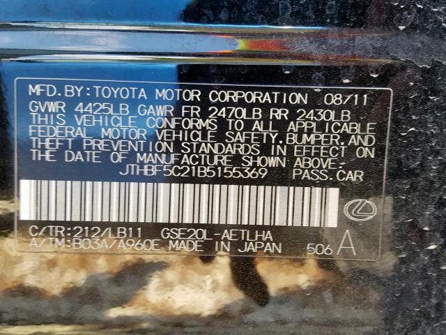 JTHBF5C21B5155369 - 2011 LEXUS IS 250 BLACK photo 10