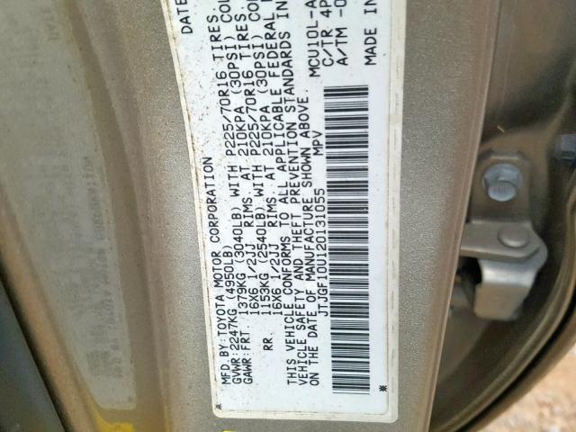 JTJGF10U120131055 - 2002 LEXUS RX 300 TAN photo 10