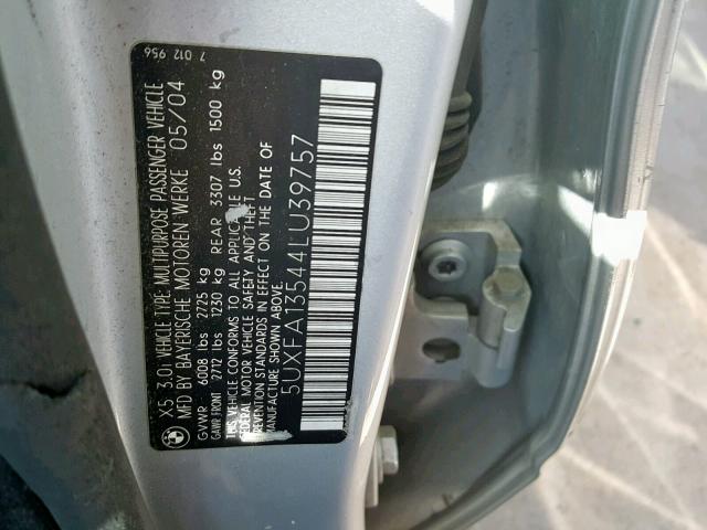 5UXFA13544LU39757 - 2004 BMW X5 3.0I SILVER photo 10