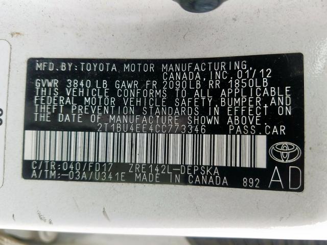 2T1BU4EE4CC773346 - 2012 TOYOTA COROLLA BASE  photo 10