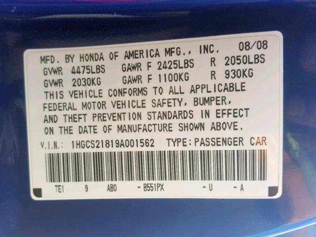 1HGCS21819A001562 - 2009 HONDA ACCORD EXL BLUE photo 10