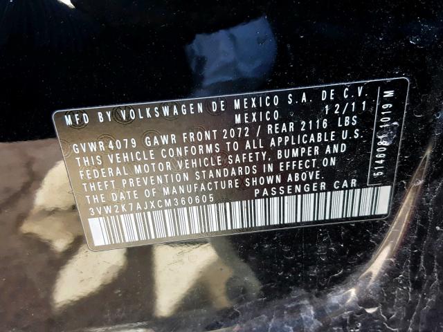 3VW2K7AJXCM360605 - 2012 VOLKSWAGEN JETTA BASE BLACK photo 10