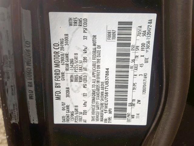 1FMEU75817UB37884 - 2007 FORD EXPLORER L BLACK photo 10