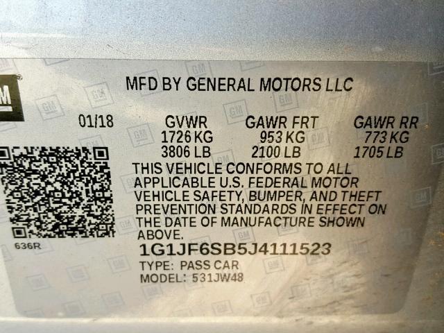 1G1JF6SB5J4111523 - 2018 CHEVROLET SONIC PREM SILVER photo 10