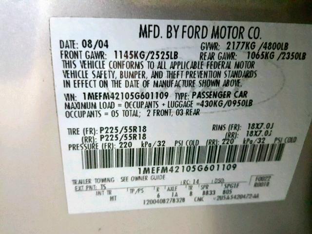 1MEFM42105G601109 - 2005 MERCURY MONTEGO PR ვერცხლისფერი ფოტო 10