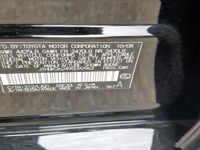 JTHBK262495092963 - 2009 LEXUS IS 250 BLACK photo 10