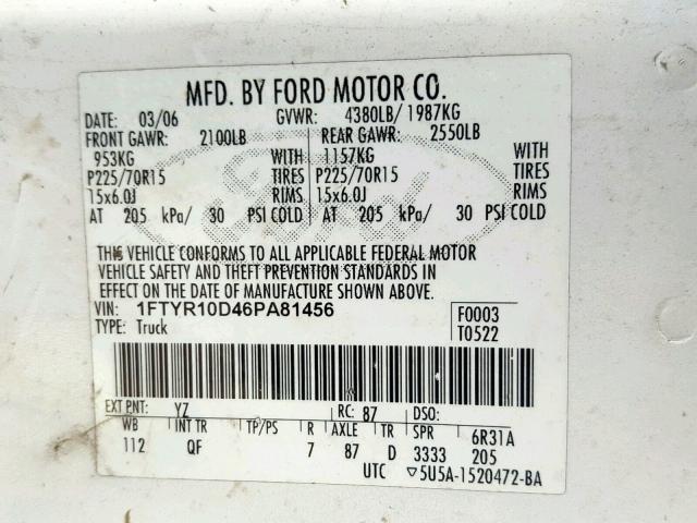 1FTYR10D46PA81456 - 2006 FORD RANGER WHITE photo 10