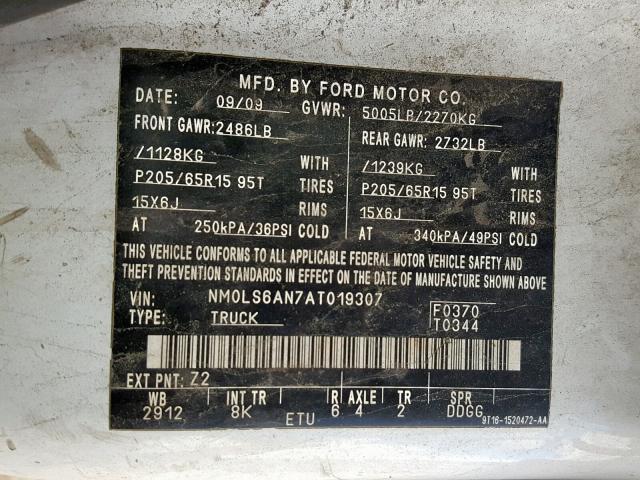 NM0LS6AN7AT019307 - 2010 FORD TRANSIT CO WHITE photo 10