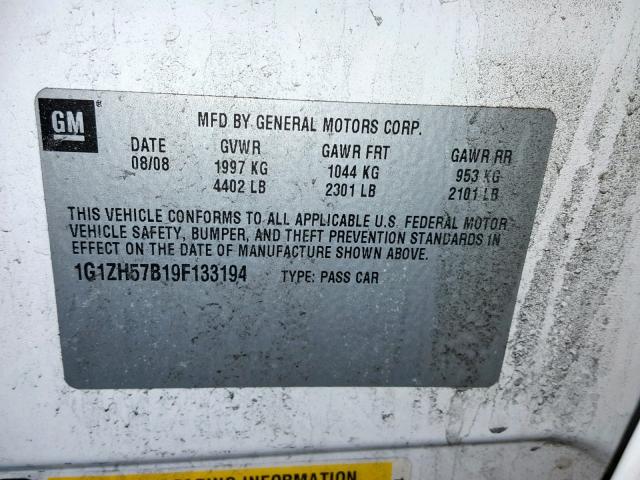 1G1ZH57B19F133194 - 2009 CHEVROLET MALIBU 1LT თეთრი ფოტო 10