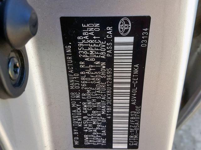 4T1BF3EKXBU129695 - 2011 TOYOTA CAMRY BASE SILVER photo 10