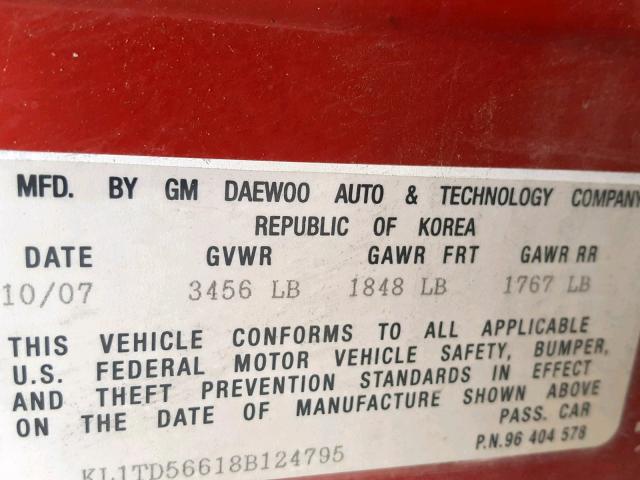 KL1TD56618B124795 - 2008 CHEVROLET AVEO BASE წითელი ფოტო 10