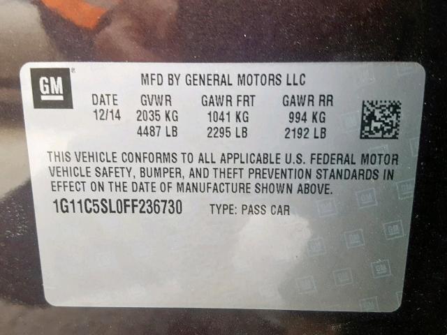 1G11C5SL0FF236730 - 2015 CHEVROLET MALIBU 1LT GRAY photo 10