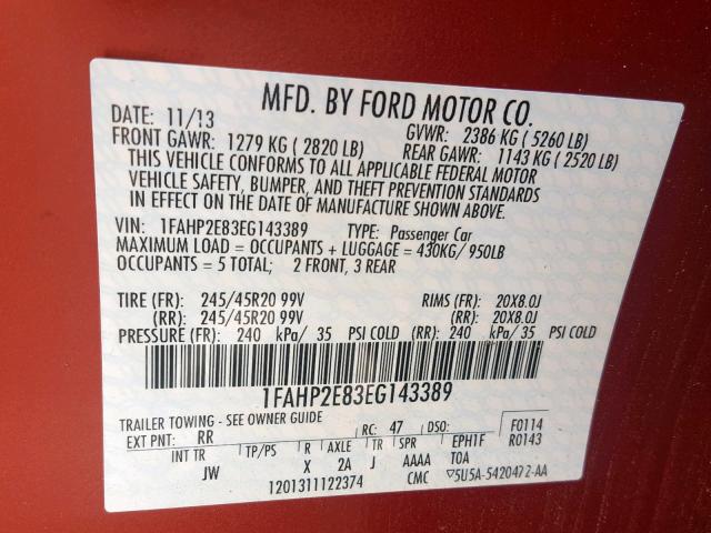 1FAHP2E83EG143389 - 2014 FORD TAURUS SEL RED photo 10