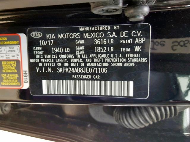 3KPA24AB8JE071106 - 2018 KIA RIO LX BLACK photo 10