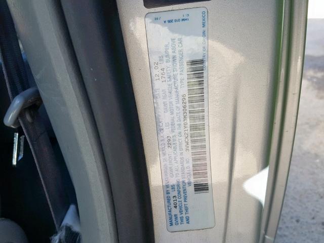 3VWCK21Y03M306296 - 2003 VOLKSWAGEN NEW BEETLE ვერცხლისფერი ფოტო 10