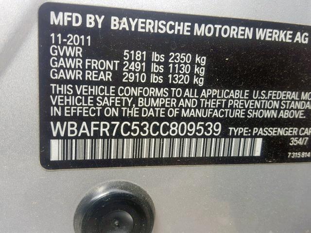 WBAFR7C53CC809539 - 2012 BMW 535 I SILVER photo 10