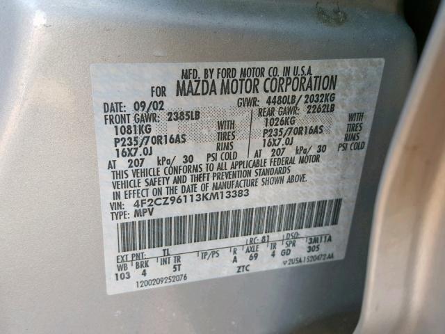 4F2CZ96113KM13383 - 2003 MAZDA TRIBUTE ES 银色 照片 10