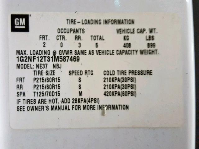 1G2NF12T31M587469 - 2001 PONTIAC GRAND AM S WHITE photo 10