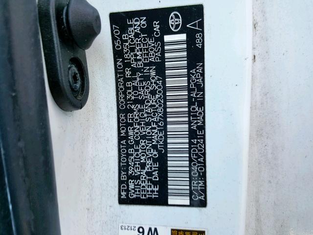 JTKDE167X80230047 - 2008 TOYOTA SCION TC თეთრი ფოტო 10