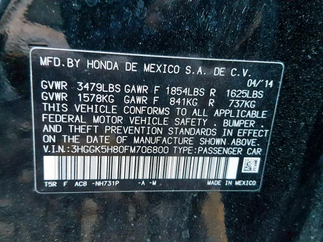 3HGGK5H80FM706800 - 2015 HONDA FIT EX BLACK photo 10