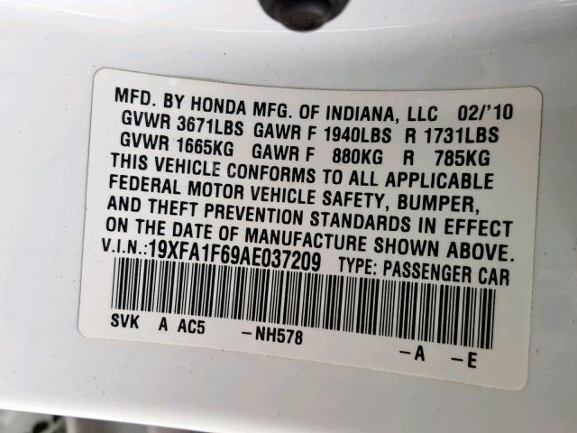 19XFA1F69AE037209 - 2010 HONDA CIVIC LX-S Ağ foto 10