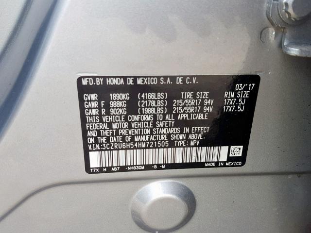 3CZRU6H54HM721505 - 2017 HONDA HR-V EX SILVER photo 10