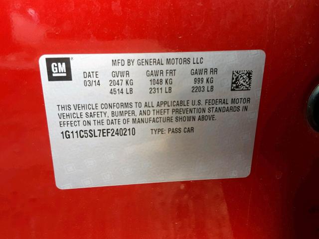 1G11C5SL7EF240210 - 2014 CHEVROLET MALIBU 1LT წითელი ფოტო 10