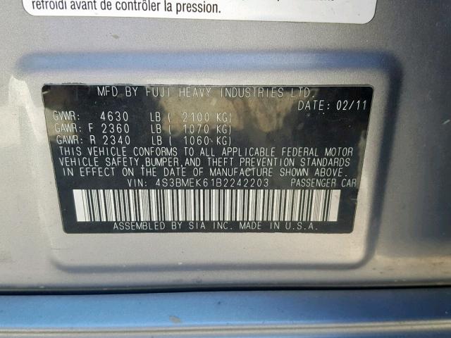 4S3BMEK61B2242203 - 2011 SUBARU LEGACY 3.6 SILVER photo 10