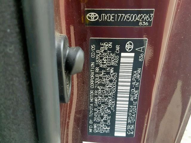 JTKDE177X50042963 - 2005 TOYOTA SCION TC BURGUNDY photo 10