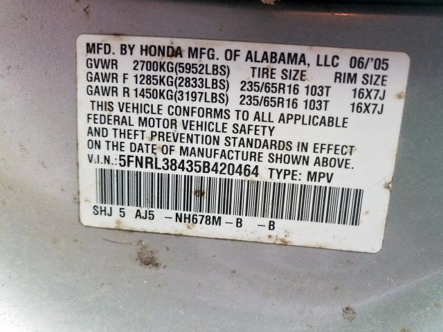 5FNRL38435B420464 - 2005 HONDA ODYSSEY EX  photo 10