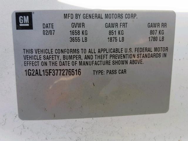 1G2AL15F377276516 - 2007 PONTIAC G5 WHITE photo 10