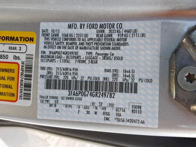 3FA6P0G74GR249782 - 2016 FORD FUSION S SILVER photo 10