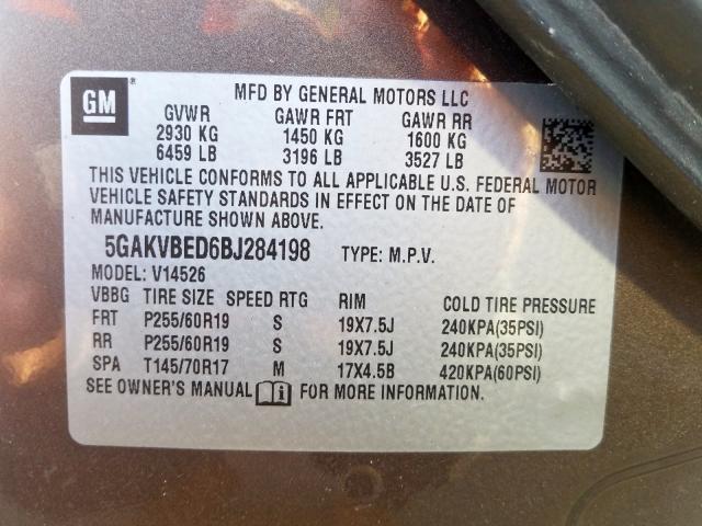 5GAKVBED6BJ284198 - 2011 BUICK ENCLAVE CXL  photo 10