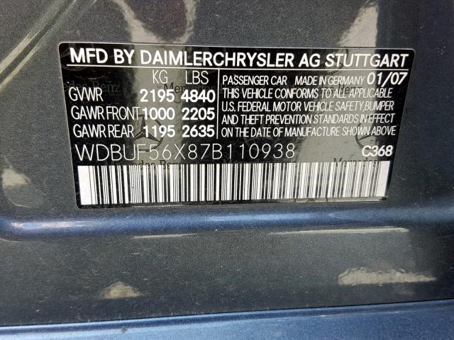 WDBUF56X87B110938 - 2007 MERCEDES-BENZ E 350 GRAY photo 10