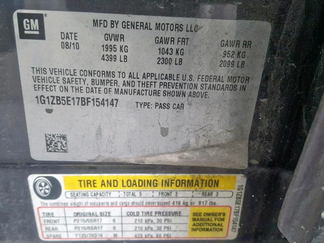 1G1ZB5E17BF154147 - 2011 CHEVROLET MALIBU LS გრაფიტი ფოტო 10