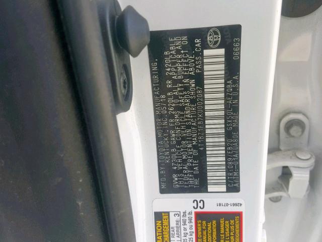 4T1BZ1FB7KU002087 - 2019 TOYOTA AVALON XLE WHITE photo 10