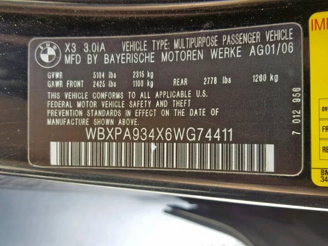 WBXPA934X6WG74411 - 2006 BMW X3 3.0I BLACK photo 10