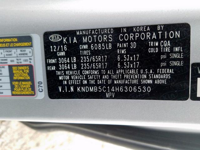 KNDMB5C14H6306530 - 2017 KIA SEDONA LX  photo 10