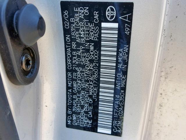 JTKDE177860121002 - 2006 TOYOTA SCION TC SILVER photo 10