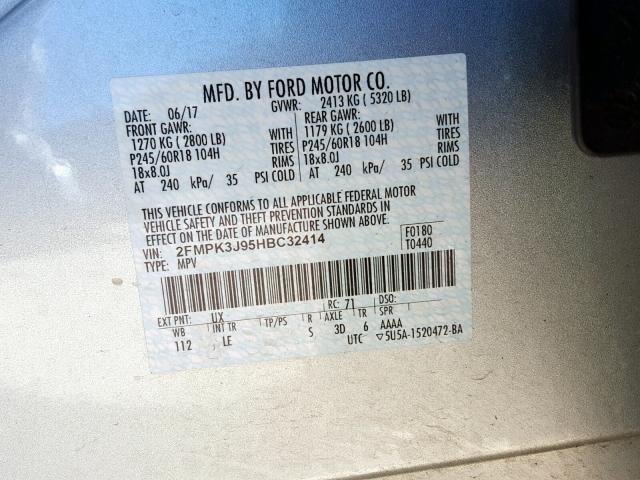 2FMPK3J95HBC32414 - 2017 FORD EDGE SEL SILVER photo 10