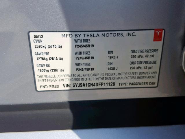 5YJSA1CN4DFP11128 - 2013 TESLA MODEL S SILVER photo 10