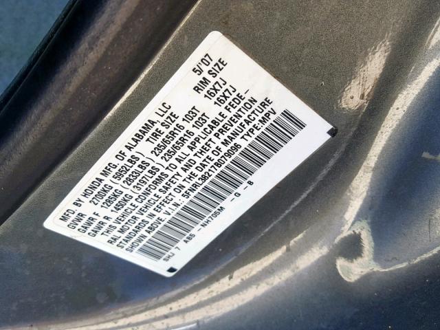 5FNRL38217B079096 - 2007 HONDA ODYSSEY LX GRAY photo 10