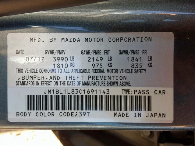 JM1BL1L83C1691143 - 2012 MAZDA 3 I GRAY photo 10