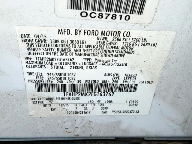 1FAHP2MK2FG163762 - 2015 FORD TAURUS POL WHITE photo 10